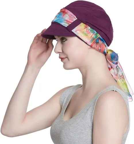 Vista 12 de Alnorm Juego de gorro y pañuelo de algodón transpirable para quimioterapia para mujeres Negro Rosado