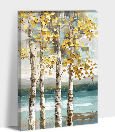 Vista 36 de UZMKM Lienzo decorativo de abedul para pared, pintura de bosque otoñal, imagen panorámica de paisaje, vista de la naturaleza amarilla, obra de arte