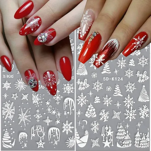 Vista 2 de 8 hojas de calcomanías de uñas de Navidad, copos de nieve 5D en relieve, copos de nieve blancos, árbol, alce, Navidad, invierno, diseño de copos