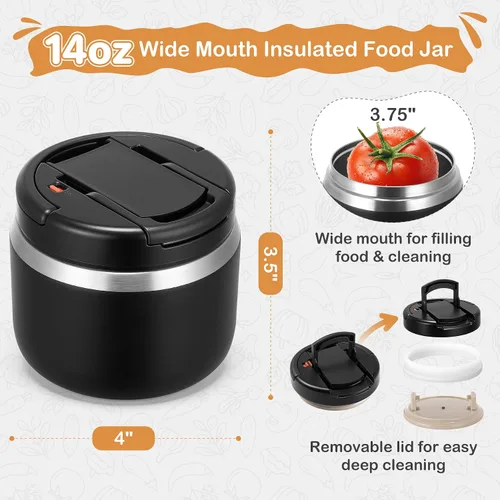 Vista 2 de MAXSO Tarro de comida aislado al vacío de 14 onzas con tapa de hebilla de cuchara, termo de sopa para niños para comida caliente, boca ancha, Negro