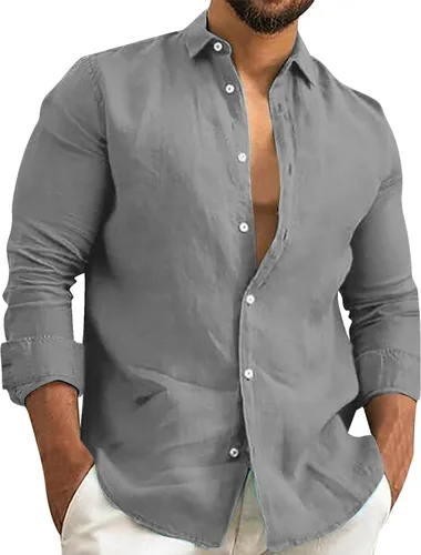 Vista 7 de Camisa de algodón y lino para hombre, manga larga, cuello liso, con botones, camiseta casual para playa y verano AG