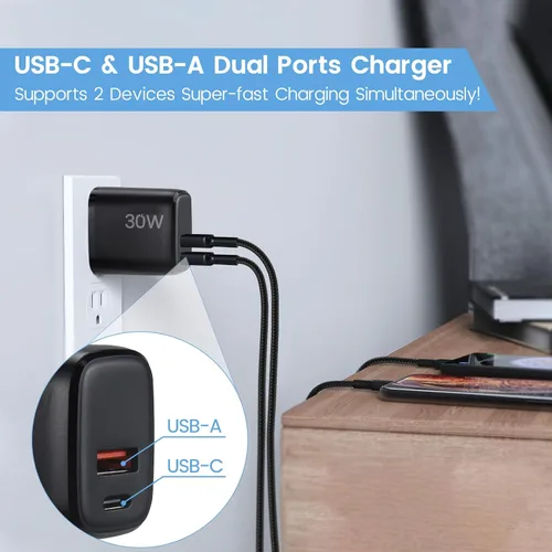 Vista 6 de Cargador rápido USB C PD de 30 W para DJI Neo, Mini 4K, 4 Pro, Air 3S Drones, negro Cargador de pared USB de doble puerto + tipo C con cable