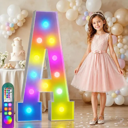 Vista 74 de Imprsv Letras coloridas de marquesina de 3 pies y letras grandes iluminadas RGB con control remoto, decoraciones de fiesta de cumpleaños Carta