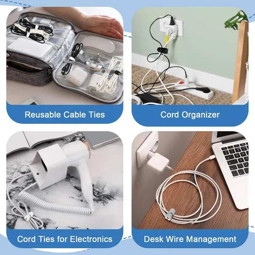 Vista 7 de Tellegloww 42 piezas de bridas de cable de silicona reutilizables, correas de cordón elásticas multiusos para agrupar y sujetar auriculares