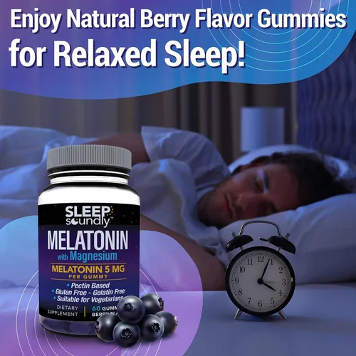 Vista 3 de Sleep Soundly Gomitas de melatonina y magnesio, melatonina de 5 mg, sin gluten, sin gelatina, 60 gomitas, morado, baya, 60