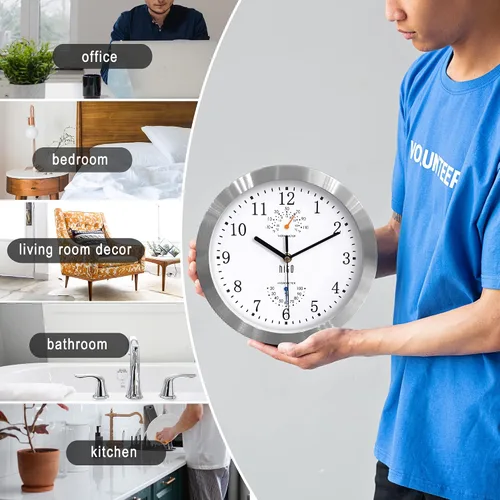 Vista 34 de HITO Reloj de pared silencioso de 10 pulgadas, funciona con pilas, sin tictac, cubierta de vidrio, marco de aluminio plateado, para decoración