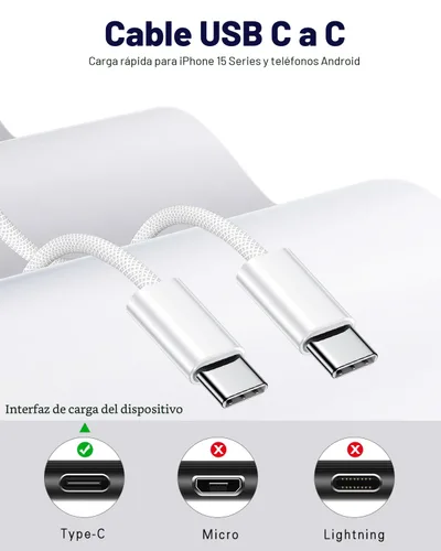 Vista 2 de Cable USB C a USB C, paquete de 2 cables USBC a USBC de 6 pies y 60 W, cargador tipo C, cable de carga rápida para iPhone 17/17 Pro Max/16 Pro