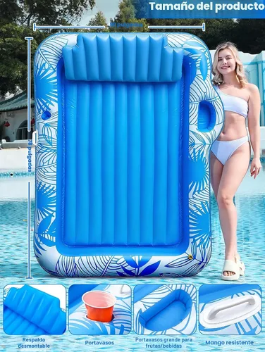 Vista 2 de Flotador inflable de 78 x 50 pulgadas para piscina con aspersor, flotadores de piscina extra grandes para adultos con almohada 6 en 1, flotador