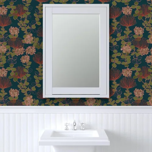 Vista 9 de Muestro de papel tapiz extraíble, diseño botánico oscuro hawaiano, flores florales hawaianas, color rojo, verde azulado, tropical mojado, papel