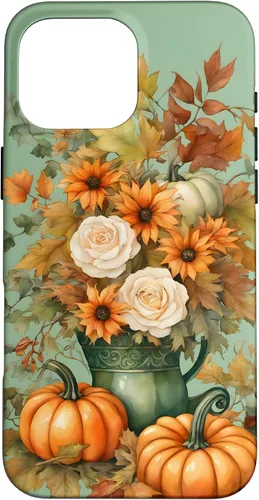 Vista 19 de Vintage Autumn Flower Fall Pumpkin Teal Case for iPhone 17