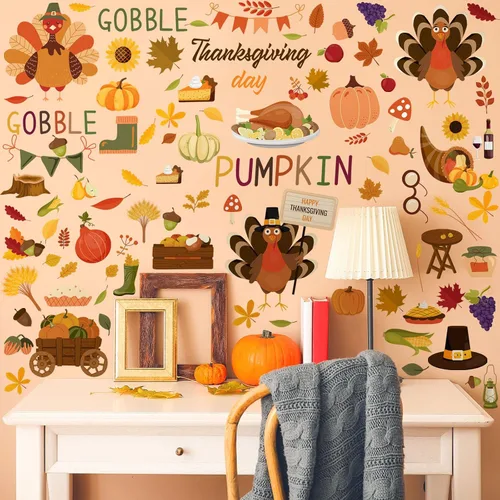 Vista 4 de Qeeenar 115 calcomanías de pared de Acción de Gracias de otoño, calcomanías de hojas de arce de pavo, calcomanías de calabaza de otoño, decoración