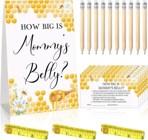 Vista 87 de Sabary 64 Piezas Juegos de Baby Shower Incluyen Letrero How Big is Mommy's Belly Sign Measure Bump Game 50 Tarjetas 10 Lápices 3 Cintas Métricas