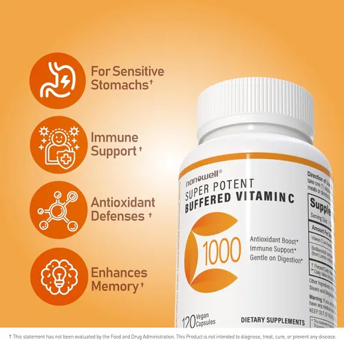 Vista 2 de NANOWELL Vitamina C tamponada súper potente de 1000 mg con complejo bioflavonoide, antioxidante y apoyo inmunológico, piel y articulaciones