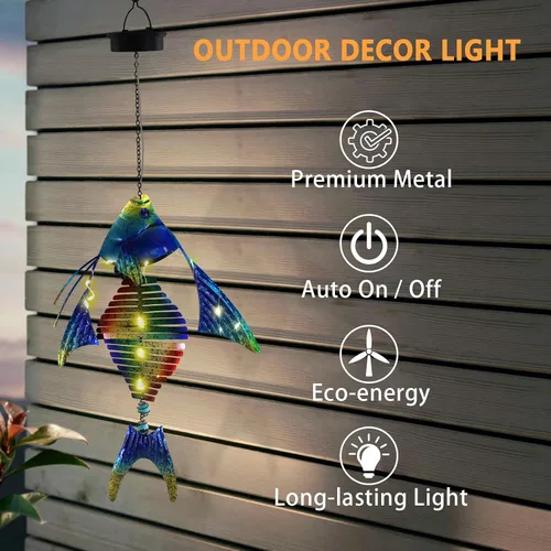 Vista 5 de Luces solares de peces para exteriores, faroles colgantes de metal, luces decorativas para patio trasero, porche, patio, balcón, tipi, camino.