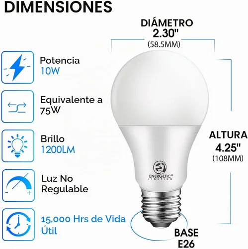 Vista 2 de Energetic - Bombillas A19 equivalentes a 75 vatios, súper brillo, 1200 lm, blanco suave 2700 K, bombilla LED A19 de 10 W, base estándar E26 Blanco
