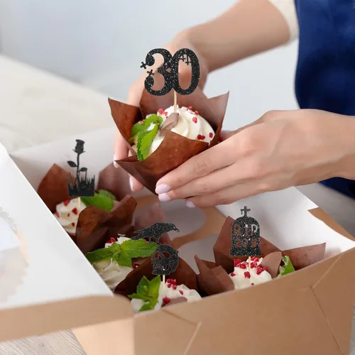 Vista 6 de Roowest 48 adornos para cupcakes de los años 20 con purpurina de Death to My Twenties Rip to My 20, decoraciones de fiesta de cumpleaños de 30 años