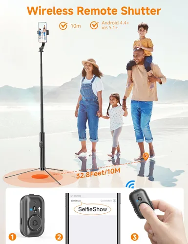 Vista 4 de Trípode de teléfono de 75 pulgadas y palo para selfie, soporte de trípode extensible para teléfono celular con control remoto inalámbrico y soporte