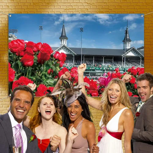 Vista 2 de Vohado Telón de fondo para cabina de fotos de Kentucky Churchill Downs 2025 con temática de carreras de caballos, decoración de pared con rosas