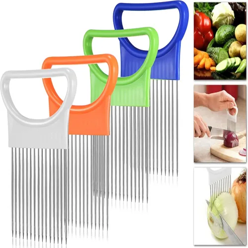 Vista 3 de Juego de 4 piezas de soporte de cebolla, cortador de cebolla, de acero inoxidable, fruta, tomate, limón, patata, verduras, herramienta