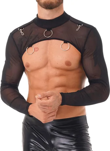 Vista 4 de YiZYiF Traje de malla para hombre, manga larga, media chaqueta, mangas huecas, bolero, motocicleta, punk