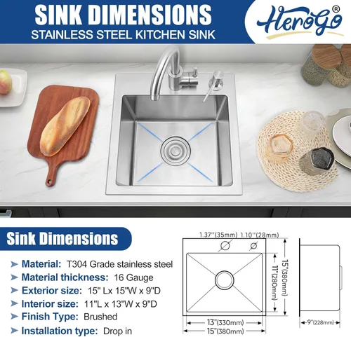 Vista 2 de Herogo Fregadero de barra de cocina de 15 x 15 pulgadas, fregadero pequeño profundo de un solo tazón con rejilla inferior de acero inoxidable