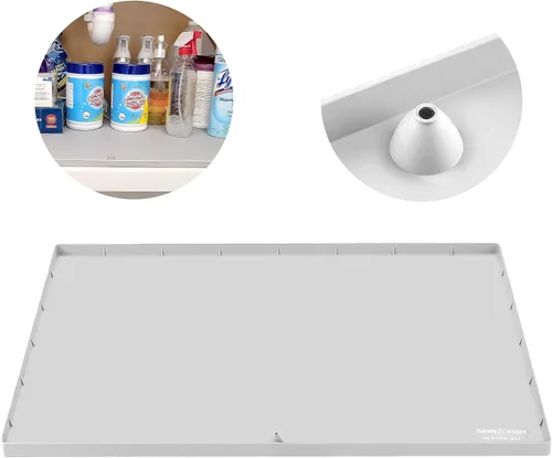 Vista 6 de Tapete impermeable para debajo del fregadero, para armario de cocina y baño debajo del fregadero, 28 x 22 pulgadas, forro de silicona negra