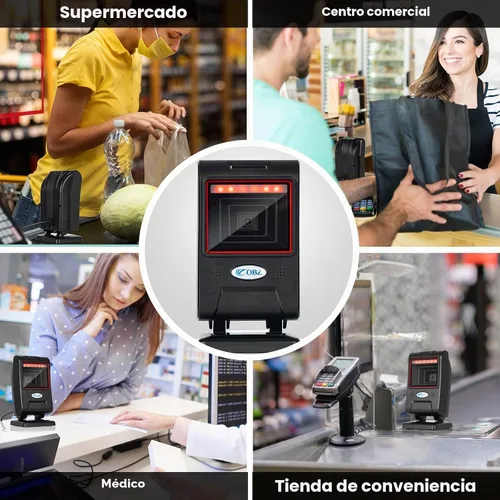 Vista 7 de OBZ Escáner de código de barras de escritorio manos libres, lector de código QR omnidireccional 1D 2D con cabezal de escaneo ajustable, escáner