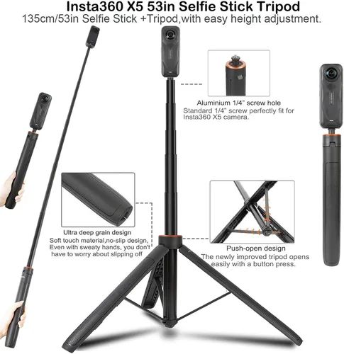 Vista 2 de PellKing Kit de accesorios para Insta360 X5, incluye funda de transporte con cinturón, trípode para selfie stick de 53.1 in, abrazadera de manillar
