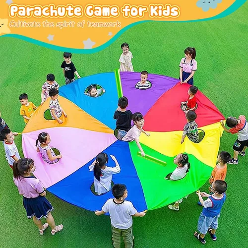 Vista 2 de Paracaídas arcoíris para niños, juguete de paracaídas con asas, juego de paracaídas para niños, cooperación en grupo y actividades al aire libre