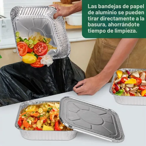 Vista 6 de Bandejas desechables de papel de aluminio de 8 x 8 pulgadas con tapas (paquete de 15) - Bandejas de hornear resistentes para freidora de aire, horno