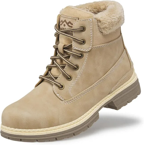 Vista 11 de Botas de invierno para senderismo en la nieve para mujer, botas de trabajo de combate marrones casuales, botas de tobillo antideslizantes con forro