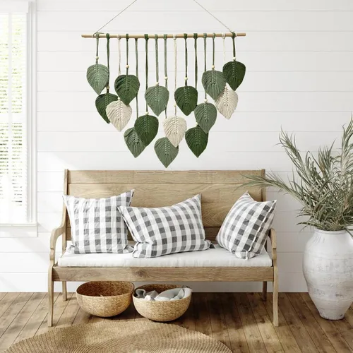 Vista 6 de MSFENG Tapiz para colgar en la pared, diseño de hojas, bohemio, decoración de pared tejida con plumas tejidas a mano, borlas de hilo tejido, Verde