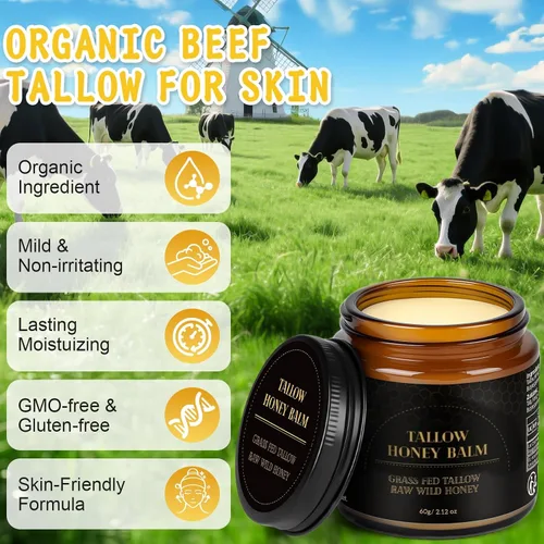 Vista 2 de IIIMEIDU Sarga de ternera para piel, bálsamo de miel y bálsamo hidratante facial, 100% carne de res orgánica alimentada con pasto, miel, aceite