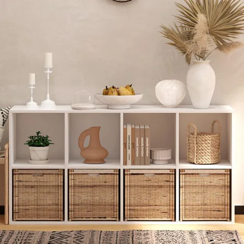 Vista 13 de Organizador de almacenamiento de 5 compartimentos de madera con panel trasero cerrado, estante de cubos negro resistente, organizador