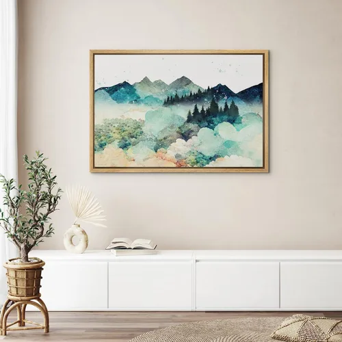 Vista 4 de wall26 Lienzo enmarcado para pared, acuarela, cordillera, bosque, naturaleza, ilustraciones de área silvestre, arte moderno, decorativo, casa