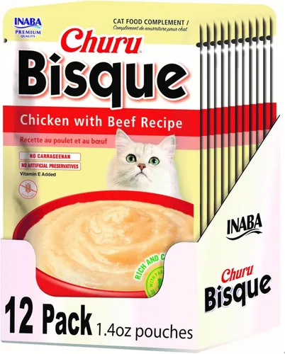 Vista 17 de INABA Churu Bisque para gatos mayores de 10 años, Puré cremoso en sobre, 1.4 onzas por sobre, 12 sobres en total, Receta de atún con salmón
