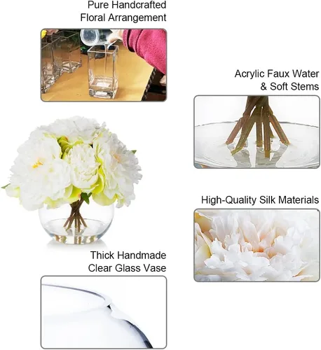 Vista 3 de ENOVA FLORAL Flor de peonía artificial con jarrón, arreglo de flores falsas, peonía sintética en jarrón de vidrio para decoración de cocina, oficina