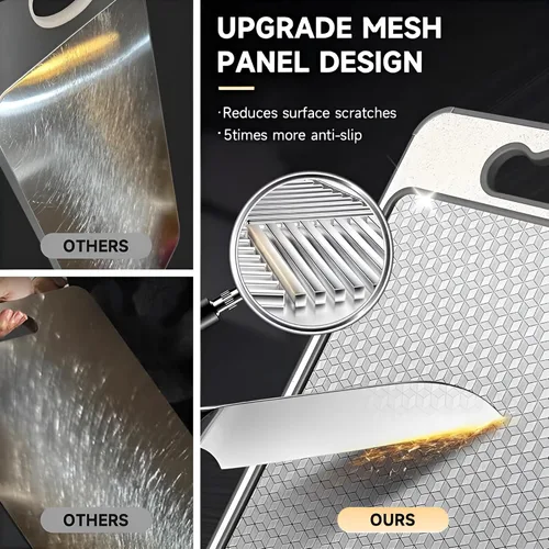 Vista 7 de Tabla de cortar de acero inoxidable de doble cara, tabla de cortar de grado alimenticio 304 con malla resistente a los arañazos, ranura para jugos