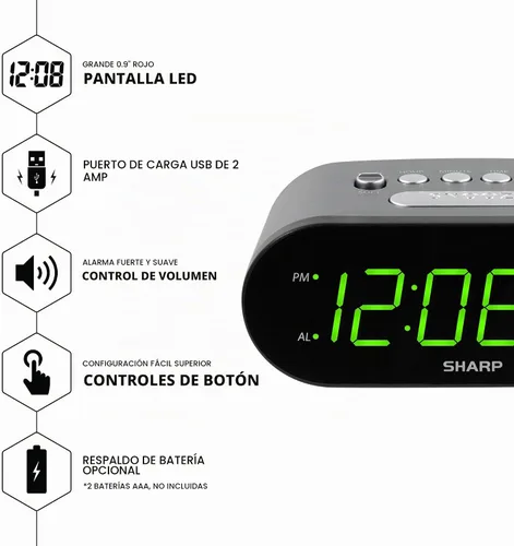 Vista 3 de Reloj despertador digital afilado con carga USB 2A y pantalla LED verde Puerto USB de alta velocidad 2A; LED verdes de fácil lectura; Controles