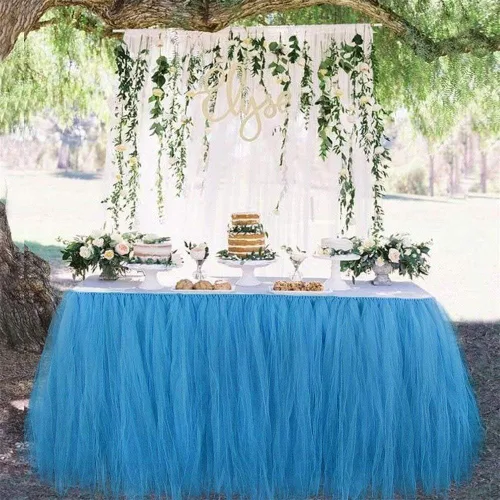 Vista 6 de Falda para mesa de tutú de tul, decoración de mesa rectangular o redonda para fiesta de boda, dama de honor, hermana, disfraz, moda de lujo Tutu-azul