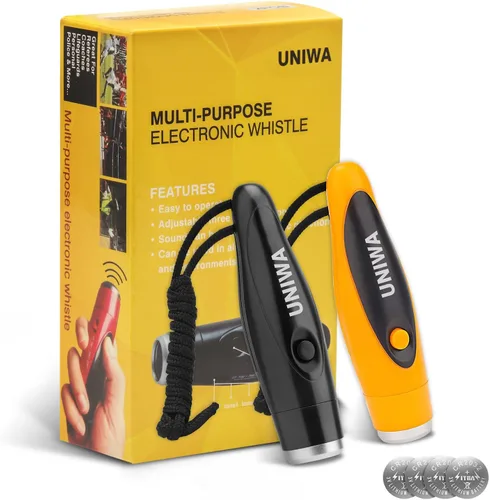 Vista 10 de UNIWA Silbatos electrónicos, 2 unidades de silbato de mano de 3 tonos de alto volumen con cordón para profesor, entrenador, árbitro, silbato