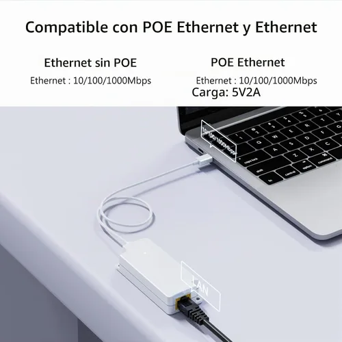 Vista 3 de Convertidor Gigabit PoE a USB C para teléfono inteligente/tableta, adaptador USB-C a Ethernet con carga de 10 W, alimentación y datos 2 en 1 puerto