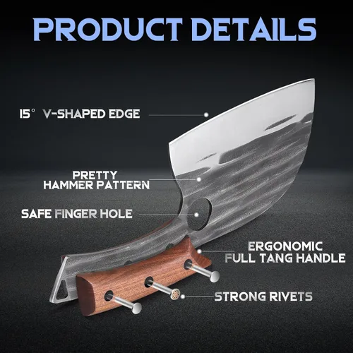 Vista 3 de ROCOCO Cuchillo de Chef Serbio Cuchillo Carnicero Cuchilla con Funda para Cocina Exterior BBQ Camping Regalo de Cumpleaños Padre Madre Navidad