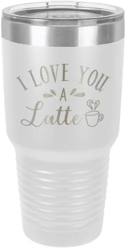 Vista 21 de Taza de viaje de acero con recubrimiento de polvo grabado con láser, con texto en inglés "I Love You A LATTE Engraved Tumbler", sin BPA