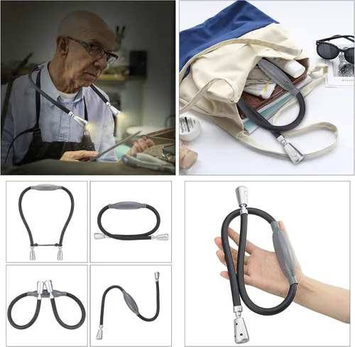 Vista 6 de Luz LED de lectura para el cuello, recargable 8 LED 2 modos, cabeza oscilante de brazos flexibles, luz ámbar ajustable de brillo para leer, acampar