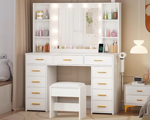 Vista 8 de Mesa de tocador de maquillaje ANWBROAD con espejo y luces, mesa de tocador blanca con toma de corriente, 11 cajones, 9 estantes, 3 modos