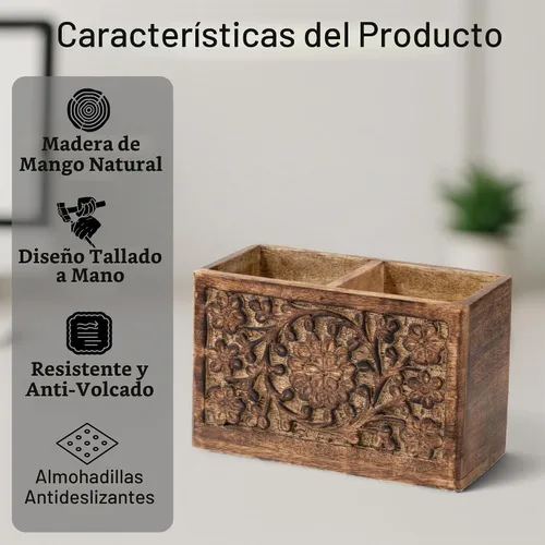 Vista 2 de Mie Creations Soporte rústico para lápices con 2 ranuras para organizador de escritorio, soporte de madera tallada a mano para mesa de escritorio