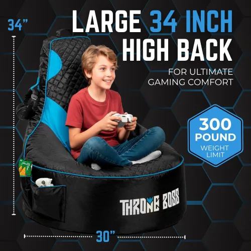 Vista 3 de Throne Boss Funda de Silla Puf Gamer para Niños con Respaldo Alto, Azul – Funda de Silla Gamer de Piso, Tela Fácil de Limpiar, Bolsillos Laterales