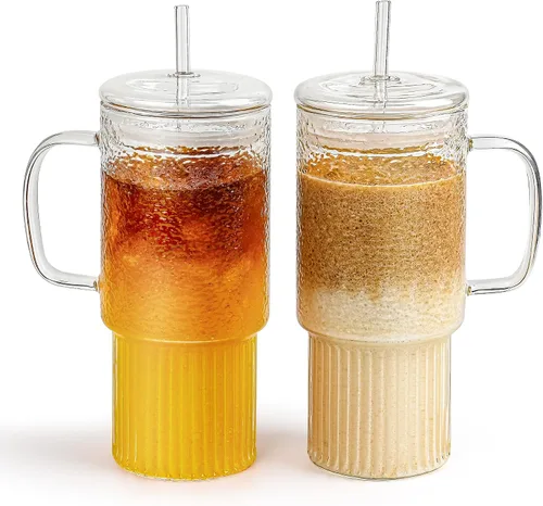 Vista 7 de Vaso de vidrio de borosilicato acanalado de 32 onzas con asa, tapa de bambú y popote (transparente, 1 paquete, tapa de bambú)