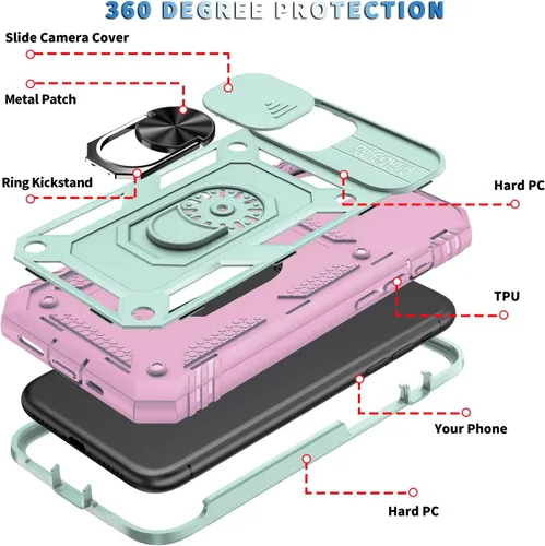 Vista 7 de Funda para iPhone 11, soporte giratorio y cubierta deslizante Verde Rosa